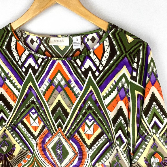 Chico's Blouse Multicolor Geometric High Low 0 (4/S) - Picture 3 of 8